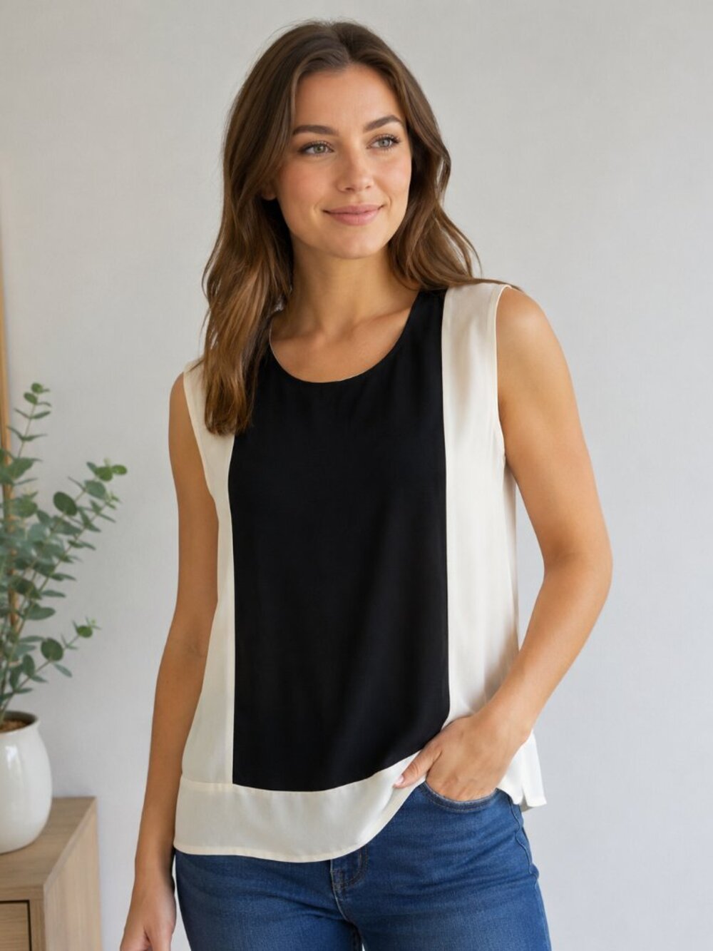 JCREW BLACK AND BEIGE SLEEVELESS BLOUSE